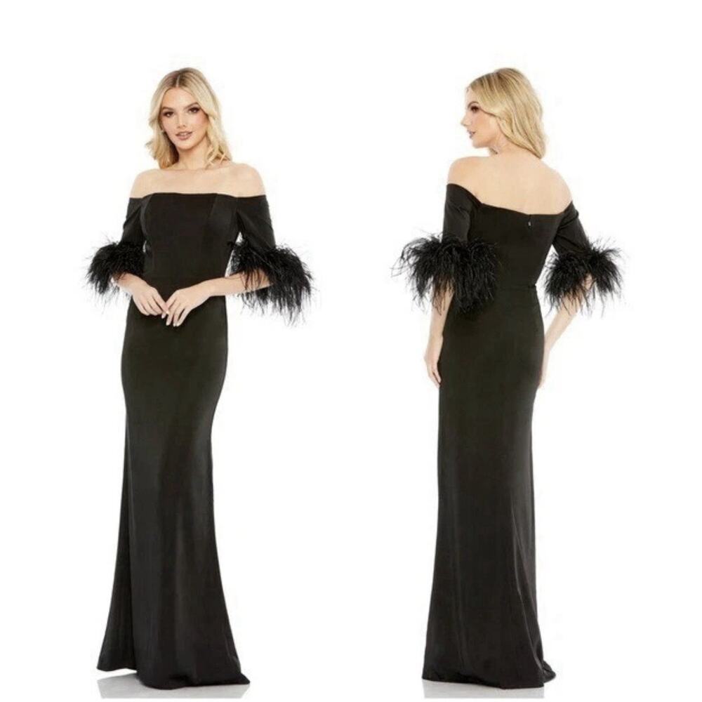 Mac Duggal 11441 Feather Off The Shoulder Column Gown Size 4 $498 - Picture 1 of 6